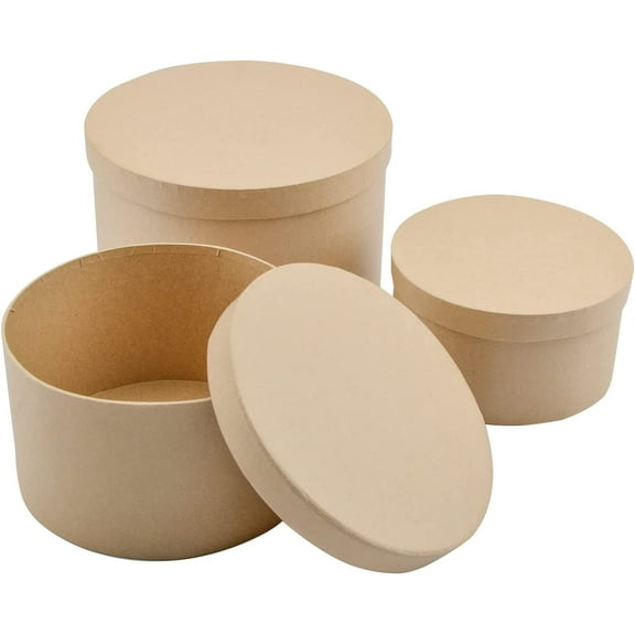 Paper Mache Box, Set of 3 Round Paper Mache Hat Boxes Kraft Paper Containers with Lids Ideal for Painting Crafting & Storage Accessories Cosmetics Jewelry Gifts