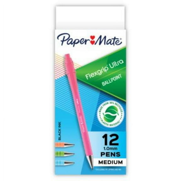 Paper Mate 2204001 1 mm Medium FlexGrip Ultra Recycled Retractable Ballpoint Pen - Black Ink, Assorted Barrels (1-Dozen)