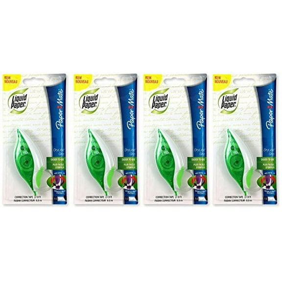 Paper Mate 660415 Liquid Paper DryLine Grip Correction Tape Dispenser, Pack of 4; Transparent Green Body; 1/5 inches Wide x 27.8 feet Long White Tape; Applies Dry, Rewrite Instantly; Swivel Tip
