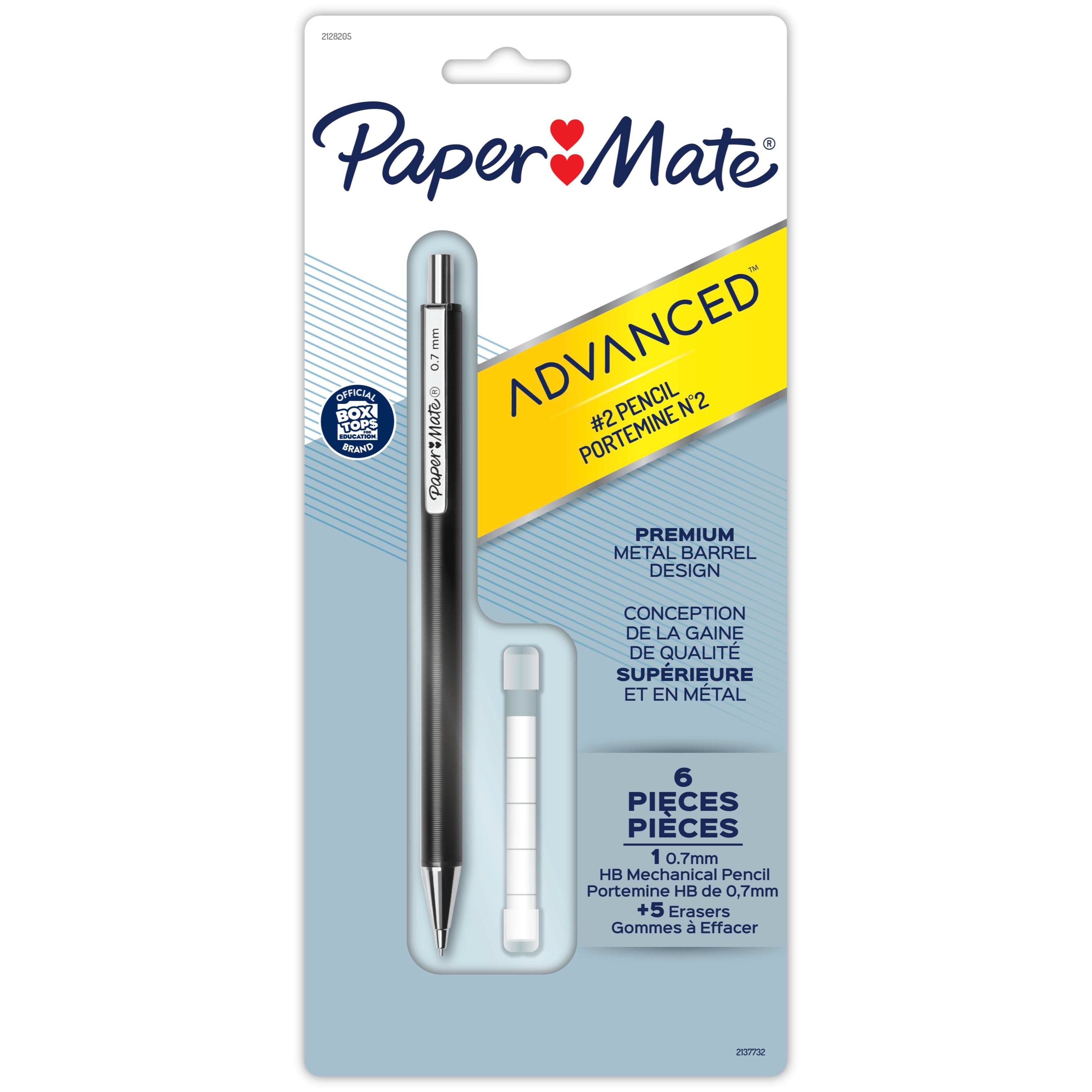 Paper Mate Advanced Mechanical Pencil, Premium Metal Barrel, Black, 0.7mm #2 Pencil, 1 Count, Includes 5 Erasers