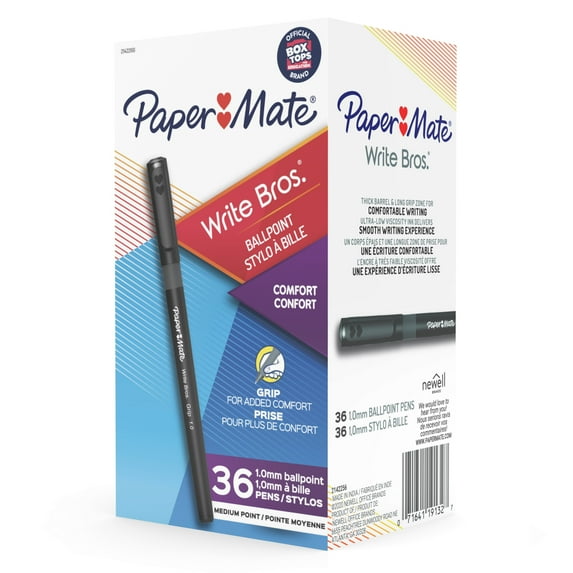 Paper Mate Ballpoint Pens, Write Bros. Grip Black Ink Pens, Medium Point (1.0 mm), 36 Count