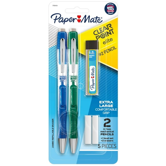 Paper Mate Clearpoint Elite Mechanical Pencils, HB #2 Lead (0.7mm), Assorted Barrel Colors, 2 Pencils, 1 Lead Refill Set, 2 Erasers