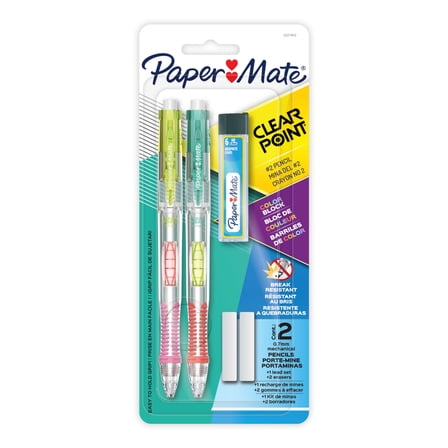 Paper Mate Clearpoint Mechanical Pencil, Color Block Edition, HB #2 Lead, Includes Eraser and Lead Refills, 5 Piece Set