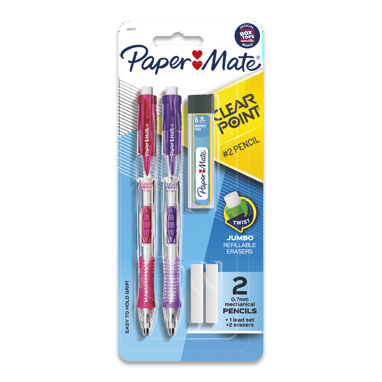 Clear Point Mechanical Pencils with Tube of Lead/Erasers, 0.5 mm, HB(#2),  Black Lead, Randomly Assorted Barrel Colors, 2/Pack - mastersupplyonline