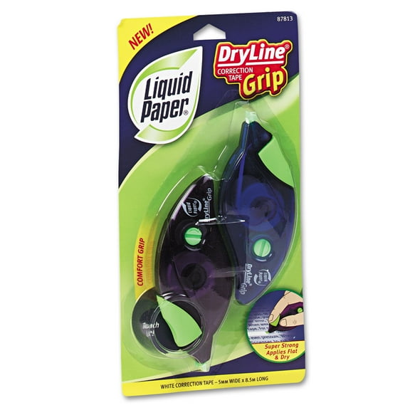 Liquid Paper DryLine Grip Correction Tape 1/5" x 335" Blue/Purple Dispensers 2/Pack 87813