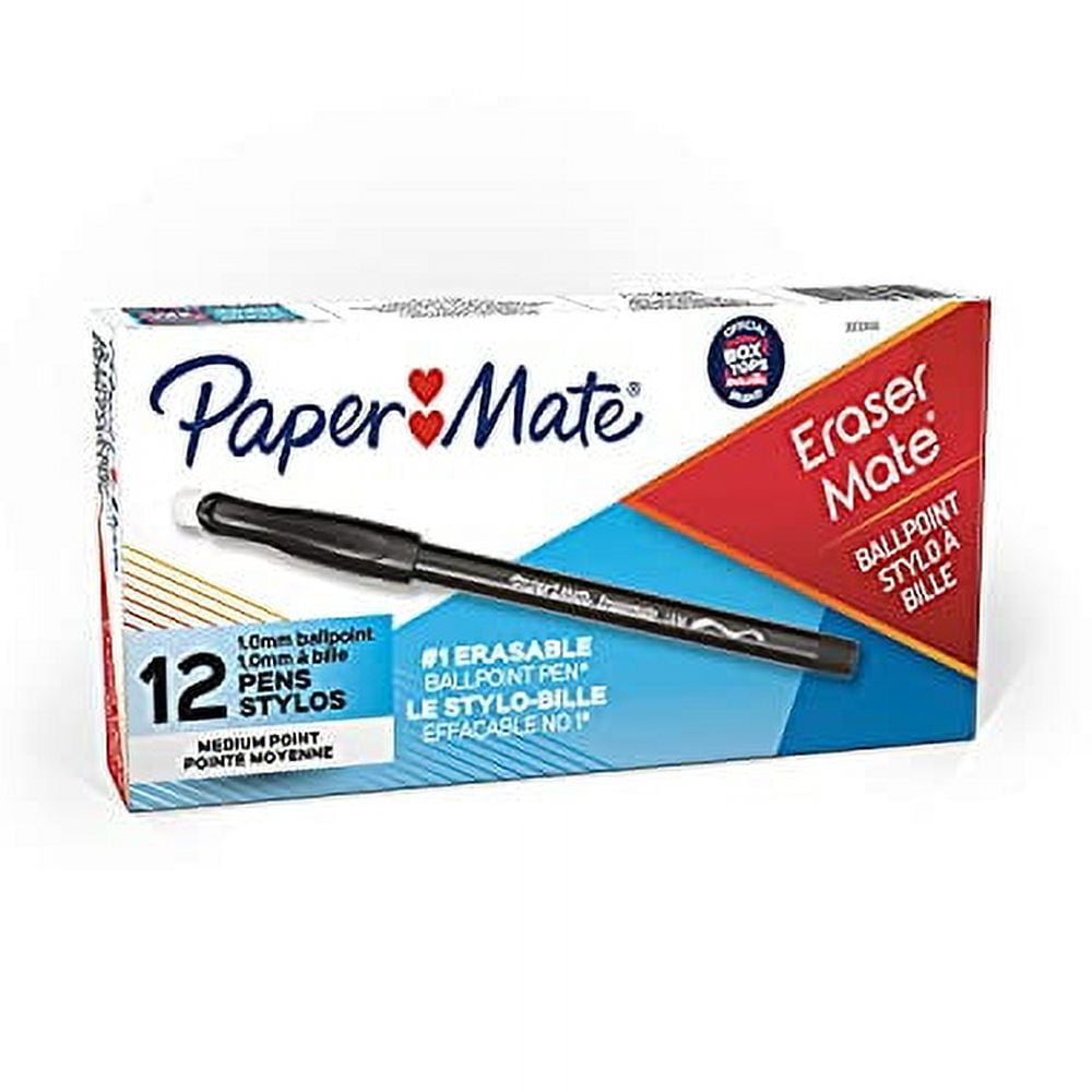 Paper Mate EraserMate Erasable Pen, Medium Point, Black, Box of 12