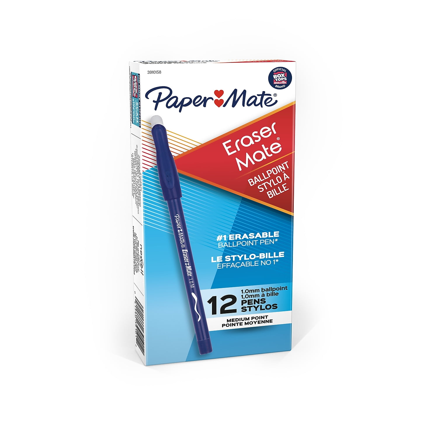 Paper Mate EraserMate Erasable Pen, Medium Point, Blue, 12 Count