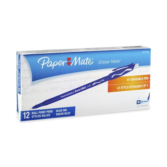 Paper Mate EraserMate Erasable Pen, Medium Point, Blue, 12 Count