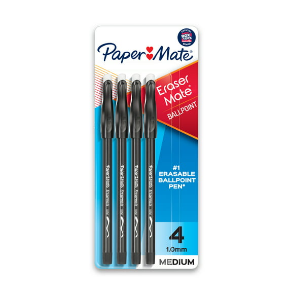 Paper Mate EraserMate Erasable Pens, Ballpoint Pens, Medium Point (1.0mm), Black, 4 Count
