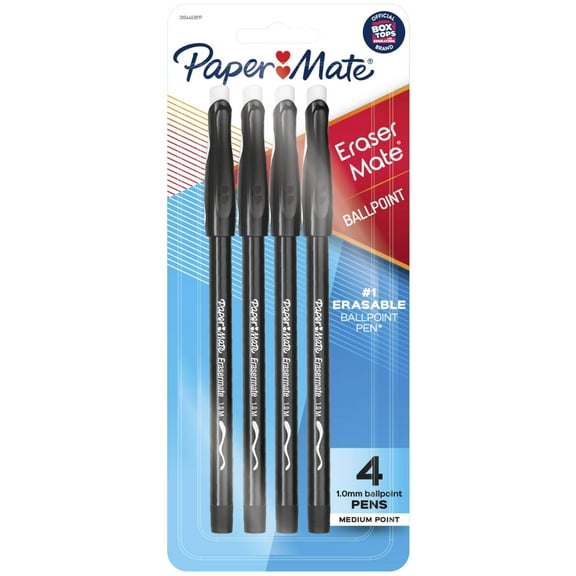 Paper Mate EraserMate Erasable Pens, Ballpoint Pens, Medium Point (1.0mm), Black, 4 Count