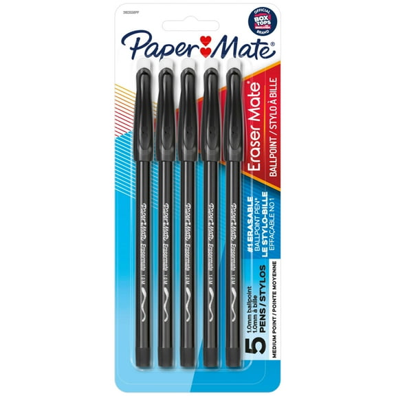 Paper Mate EraserMate Erasable Pens, Ballpoint Pens, Medium Point (1.0mm), Black, 5 Count