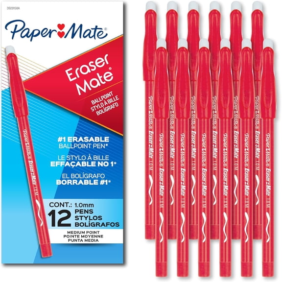 Paper Mate EraserMate Erasable Pens, Medium Point (1.0mm), Red, 12 Count