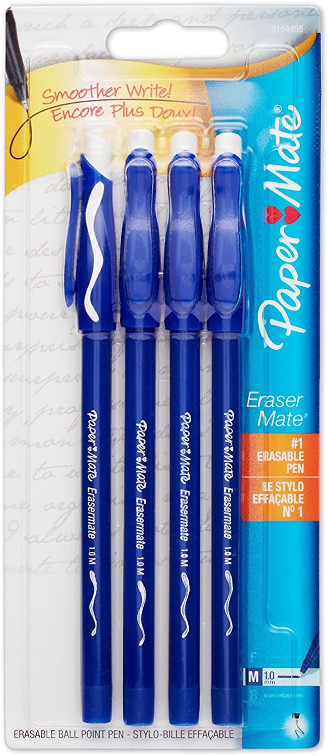 Paper Mate EraserMate Stick Ballpoint Pen, Medium Point, Blue Ink, 5