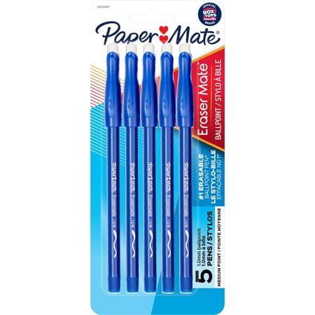 Paper Mate EraserMate Stick Ballpoint Pen, Medium Point, Blue Ink, 5-Count