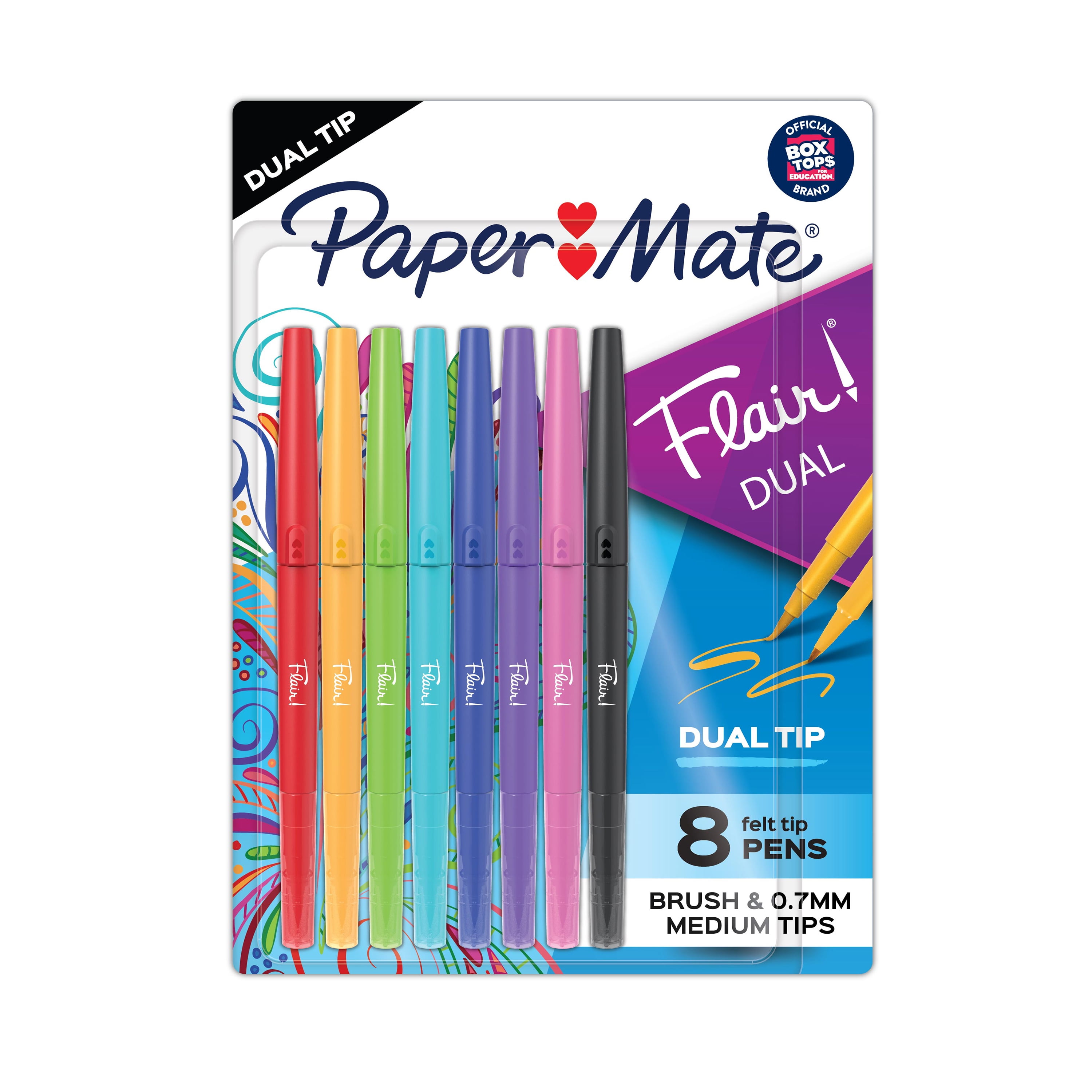 Paper Mate Flair DUAL Felt Tip Pens, Brush and Medium Tips, Assorted Colors, 8 Count