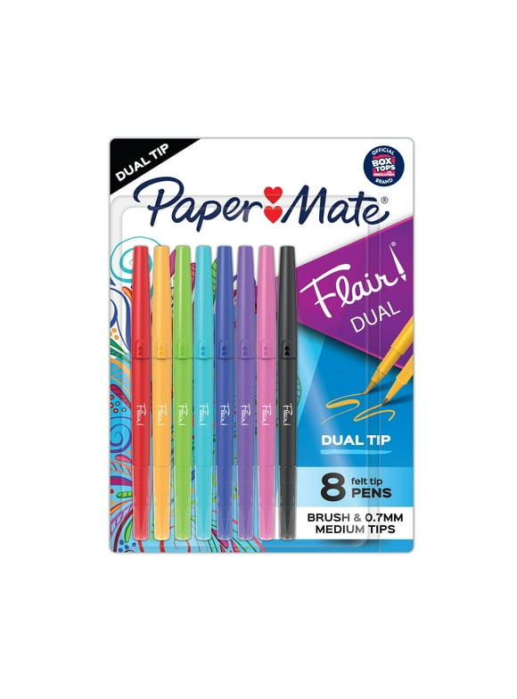 Paper Mate Flair DUAL Felt Tip Pens, Brush and Medium Tips, Assorted Colors, 8 Count