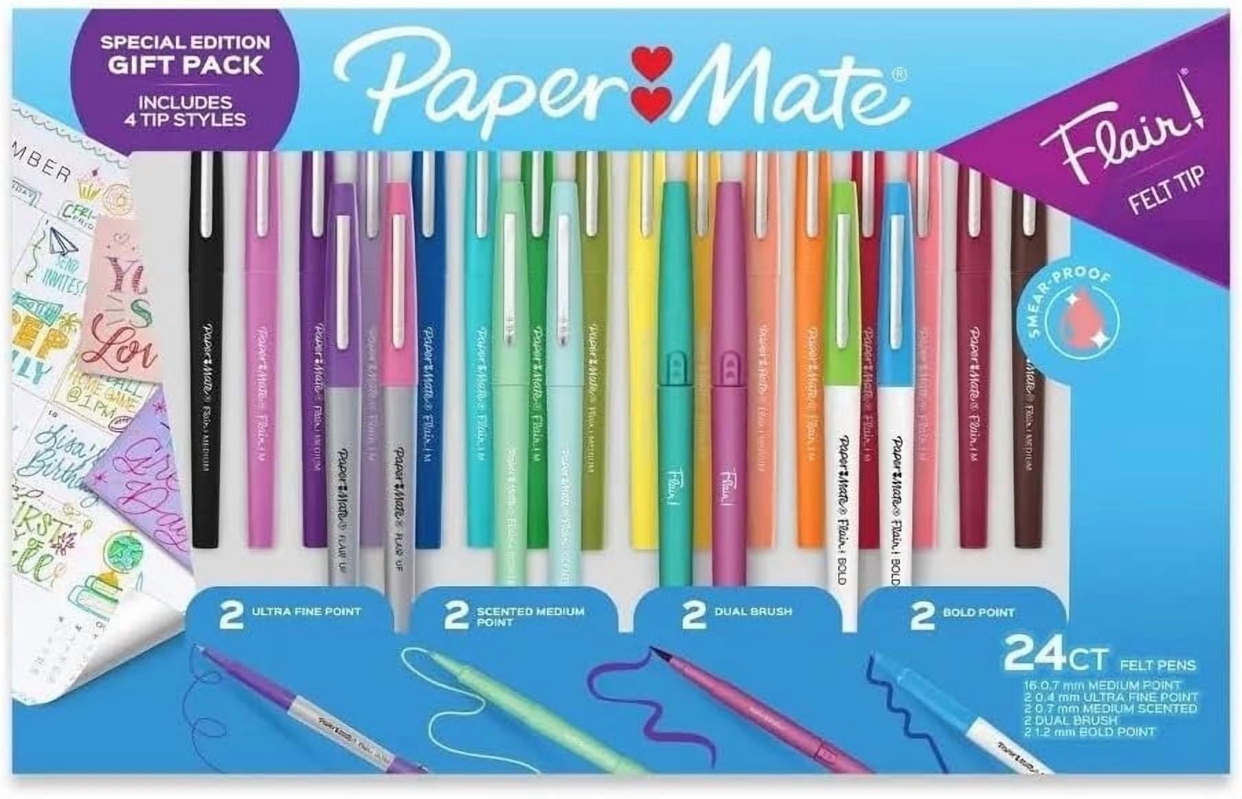 Paper Mate Flair Felt Tip Pens, 24 Vibrant Colors, Medium Point (0.7mm), 4 Unique Tip Styles, No-Bleed Ink