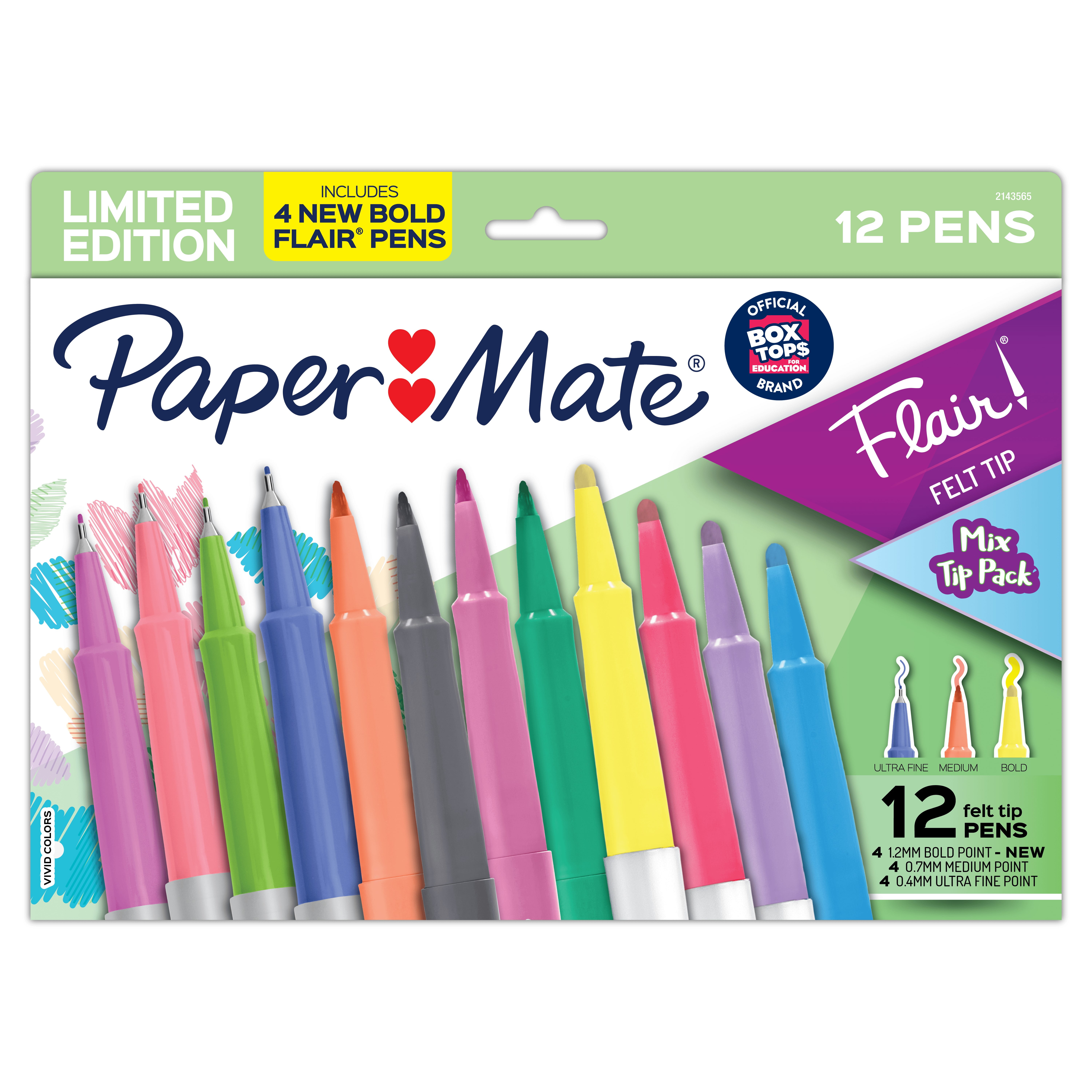 Paper Mate Flair Felt Tip Pens, Assorted Tips and Colors, 12 Count