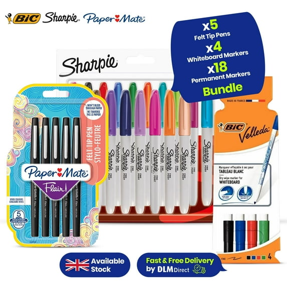 Paper Mate Flair Felt Tip Pens Black Pens 5 Count + BIC Velleda Whiteboard Markers - Assorted Colours, Pack of 4 + Sharpie Permanent Markers 18 Count