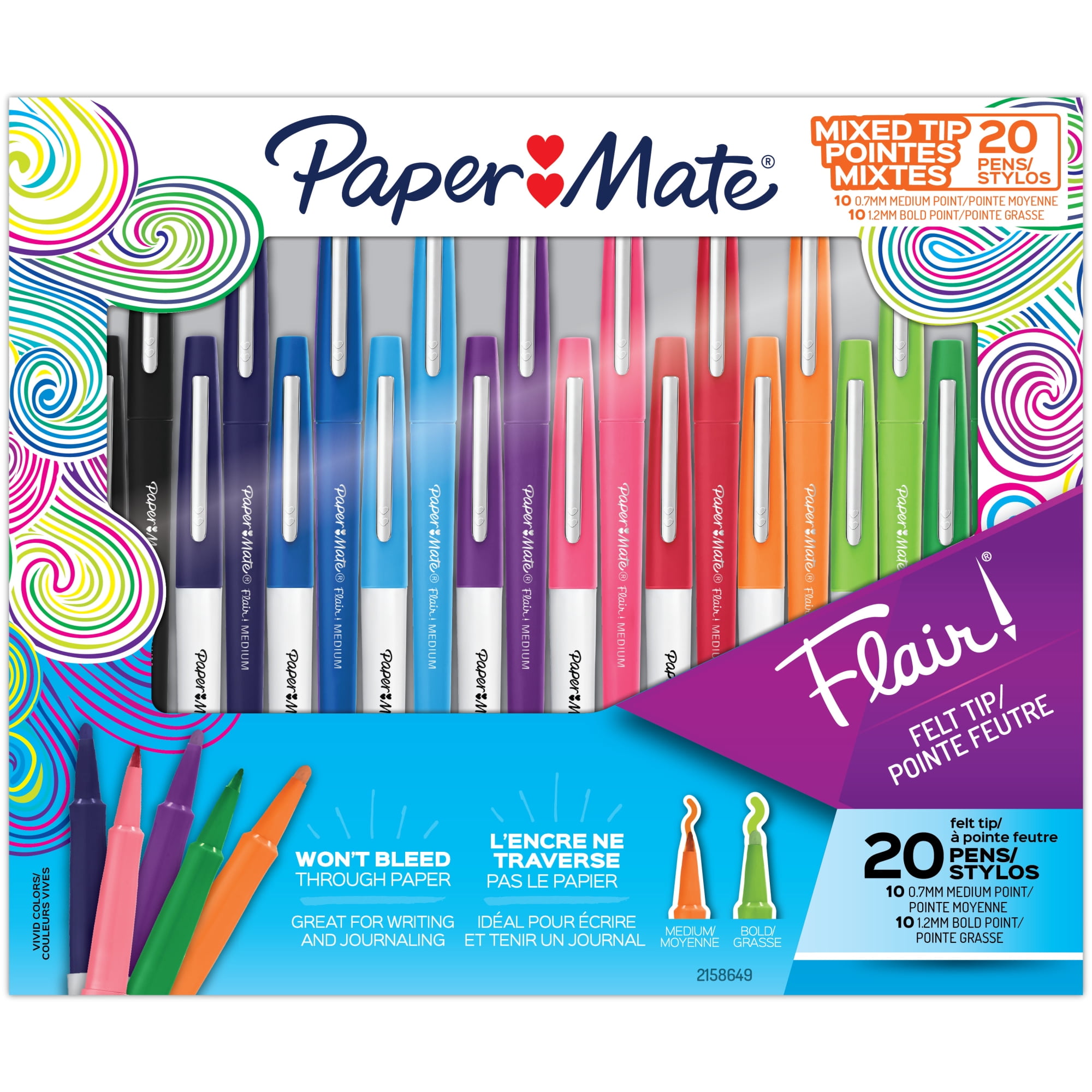 Paper Mate Flair Felt Tip Pens, Bold And Medium Point, 0.7 mm, Assorted Colors, Pack Of 20 Pens