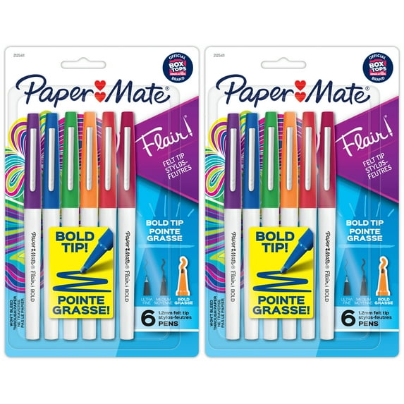 Paper Mate Flair Felt Tip Pens, Bold Tip (1.2 mm), Assorted Colors, 6 Per Pack, 2 Packs