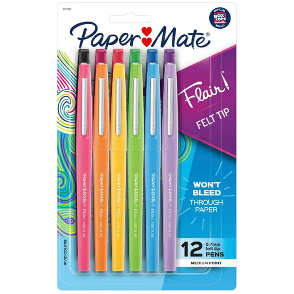 Paper Mate Flair Felt Tip Pens, Medium Point (0.7mm), Assorted Colors, 12 Count