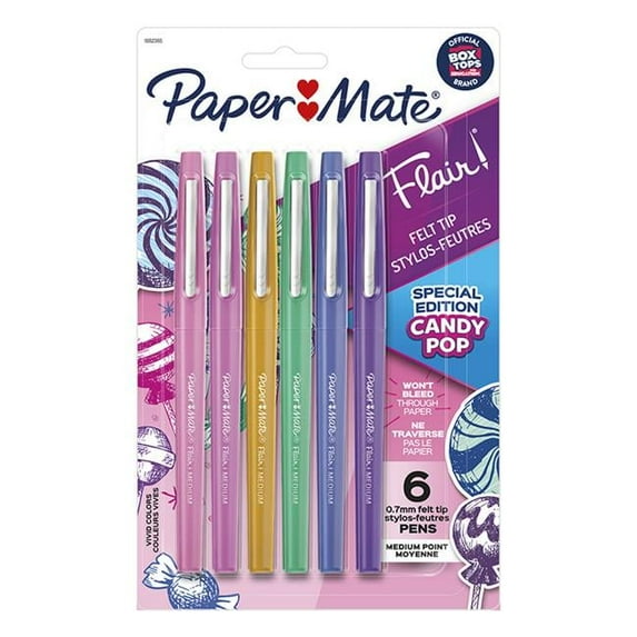 Paper Mate Flair Felt Tip Pens, Medium Point (0.7mm), Candy Pop Pack, 6 Per Pack, 3 Packs