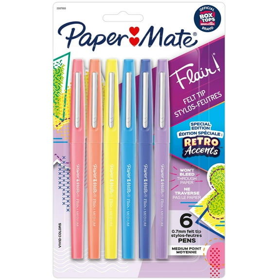 Paper Mate Flair Felt Tip Pens, Medium Point (0.7mm), Special Edition Retro Accents, Assorted Colors, 6 Count