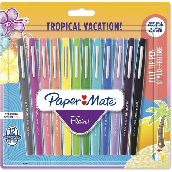 Paper Mate Flair Felt Tip Pens, Medium Point (0.7mm), Tropical Colours, 12 Count