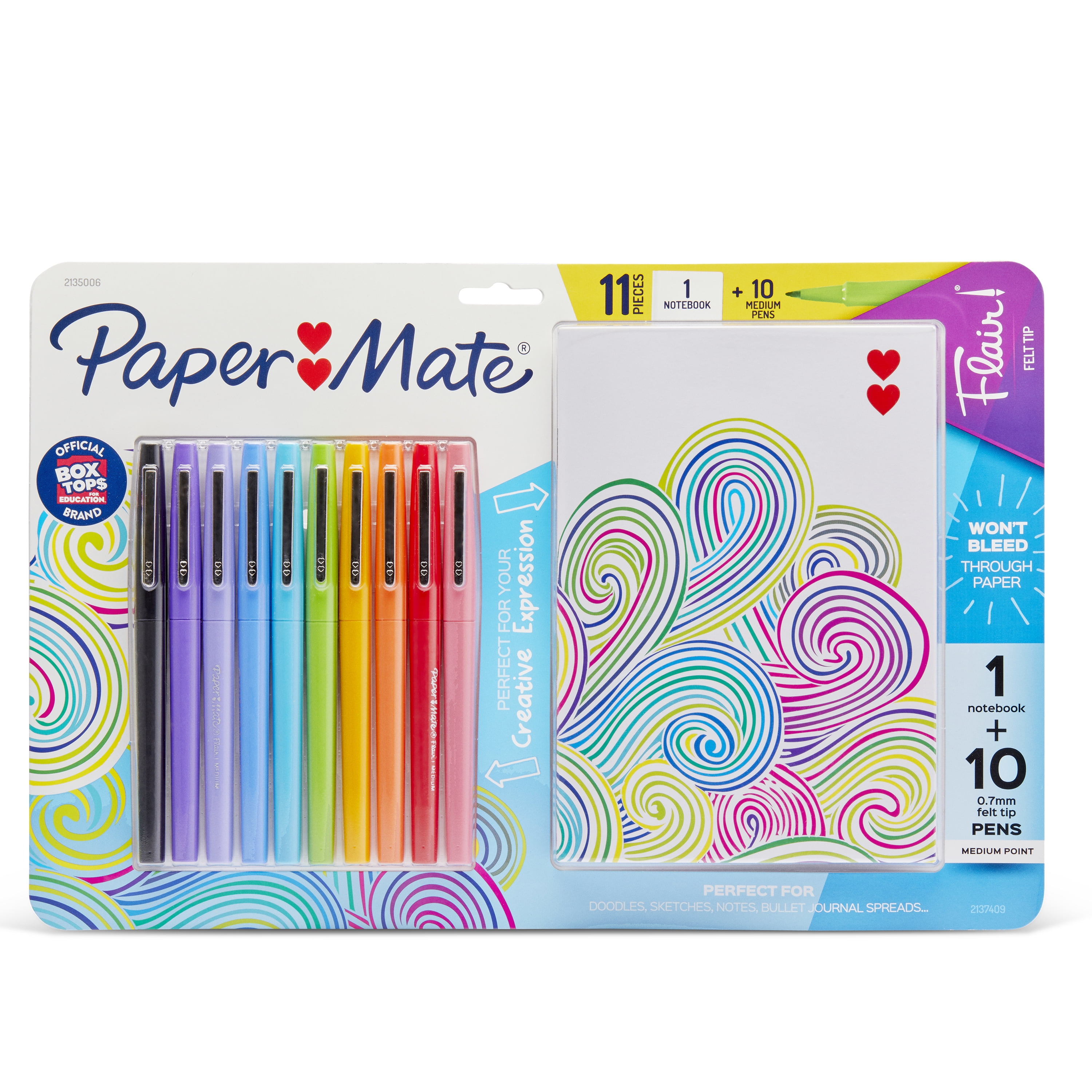 Paper Mate Flair Felt Tip Pens, Medium Point, Assorted, Includes 32-Page  Notebook, 11 Count 