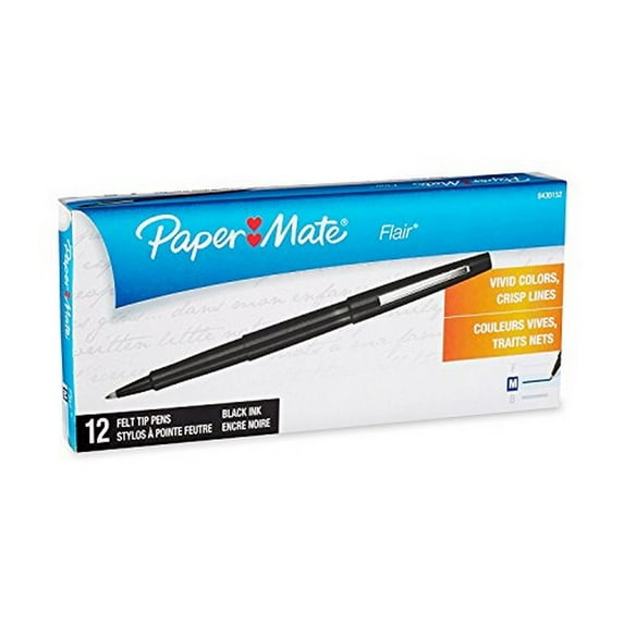 Paper Mate Flair Felt Tip Pens, Medium Point, Black, 12-Count