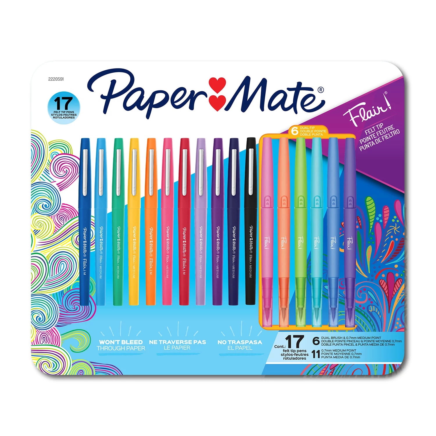Paper Mate Flair Felt Tip Pens, Medium and Dual-Brush Tip, Assorted Color, 17 Ct