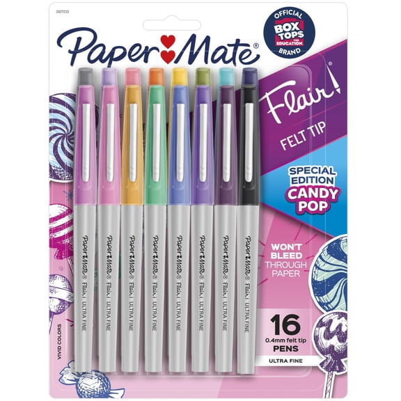 Paper Mate Flair Felt Tip Pens, Ultra Fine Point, 0.4 mm, Candy Pop Colors, 16 Count