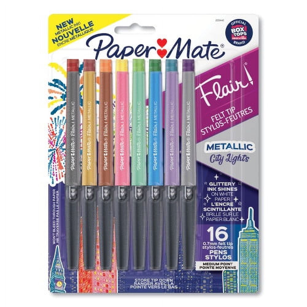 Paper Mate Flair Metallic Porous Point Pen, Stick, Medium 0.7 mm, Assorted Ink and Barrel Colors, 16/Pack