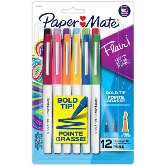 Paper Mate Flair Pens, Felt Tip Pens, #1 Teacher Choice, Bold Tip (1.2 mm), Assorted Colors, 12 Count
