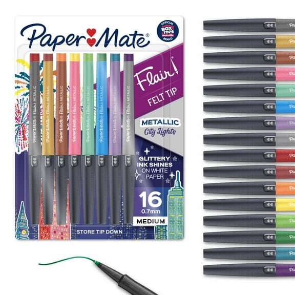 Paper Mate Flair Pens, Metallic Felt Tip Pens, City Lights, Glittery Ink Shines on White Paper, Assorted Colors, 16 Count
