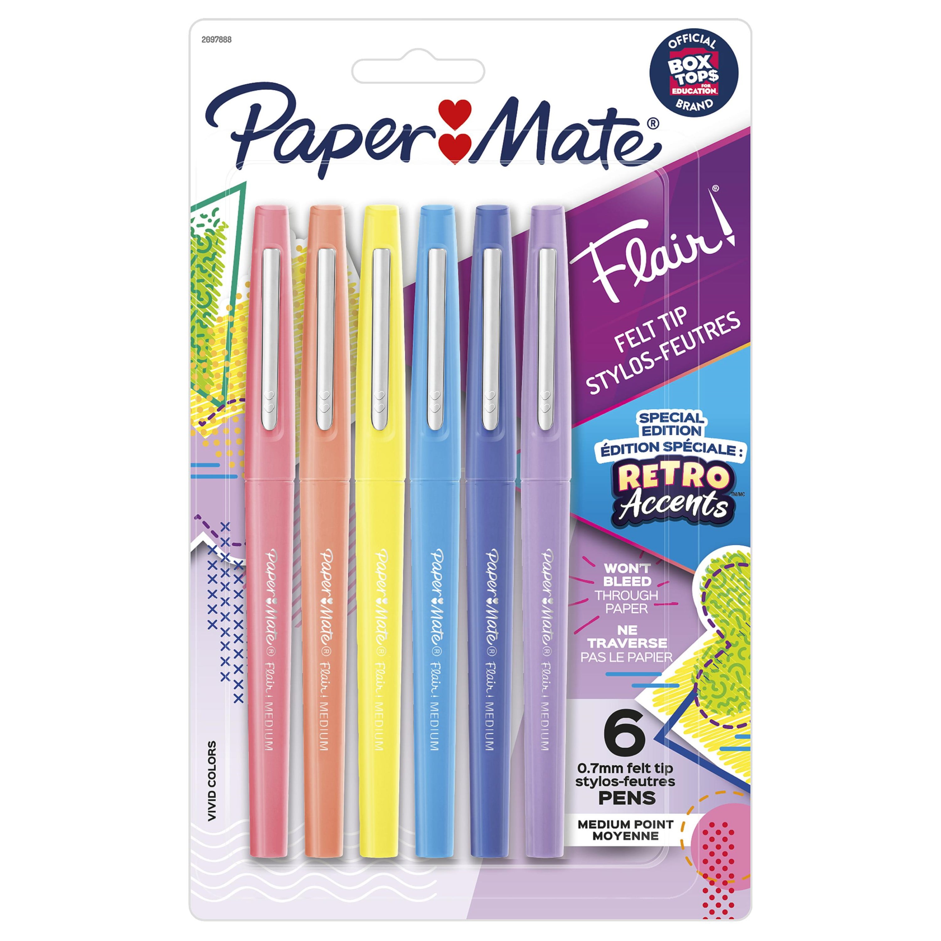 Paper Mate Flair Original Stylo feutre à capuchon pointe moyenne 0,7 mm -  lot de 6 coloris pastel