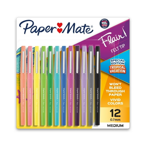 Paper Mate Flair Tropical Vacation Felt Tip Pens, Medium Point, 1.0 mm, Assorted Colors, Pack Of 12