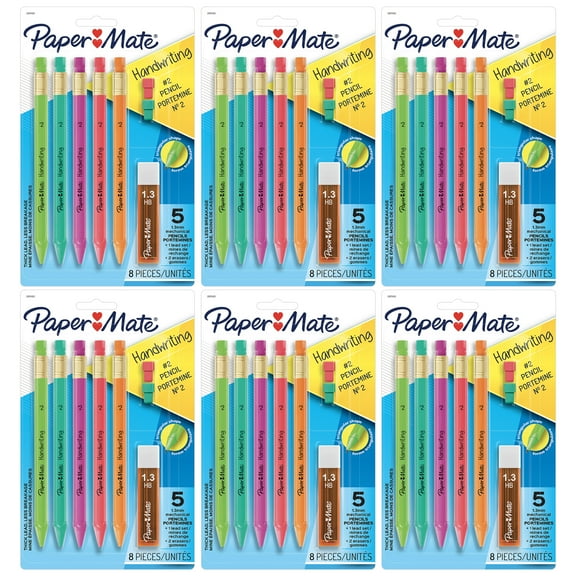 Paper Mate Handwriting Triangular Mechanical Pencil Set with Lead & Eraser Refills, 1.3mm, 5 Per Pack, 6 Packs