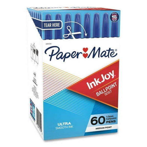 Paper Mate InkJoy 50ST Ballpoint Pen, Stick, Medium 1 mm, Blue Ink, White/Blue Barrel, 60/Pack