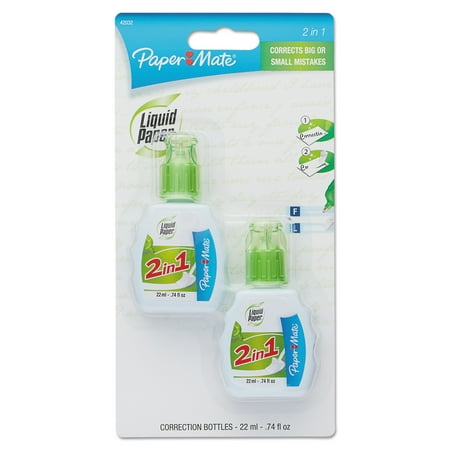 Paper Mate Liquid Paper 2-in-1 Correction Combo, 22 ml Bottle, White, 2/Pack