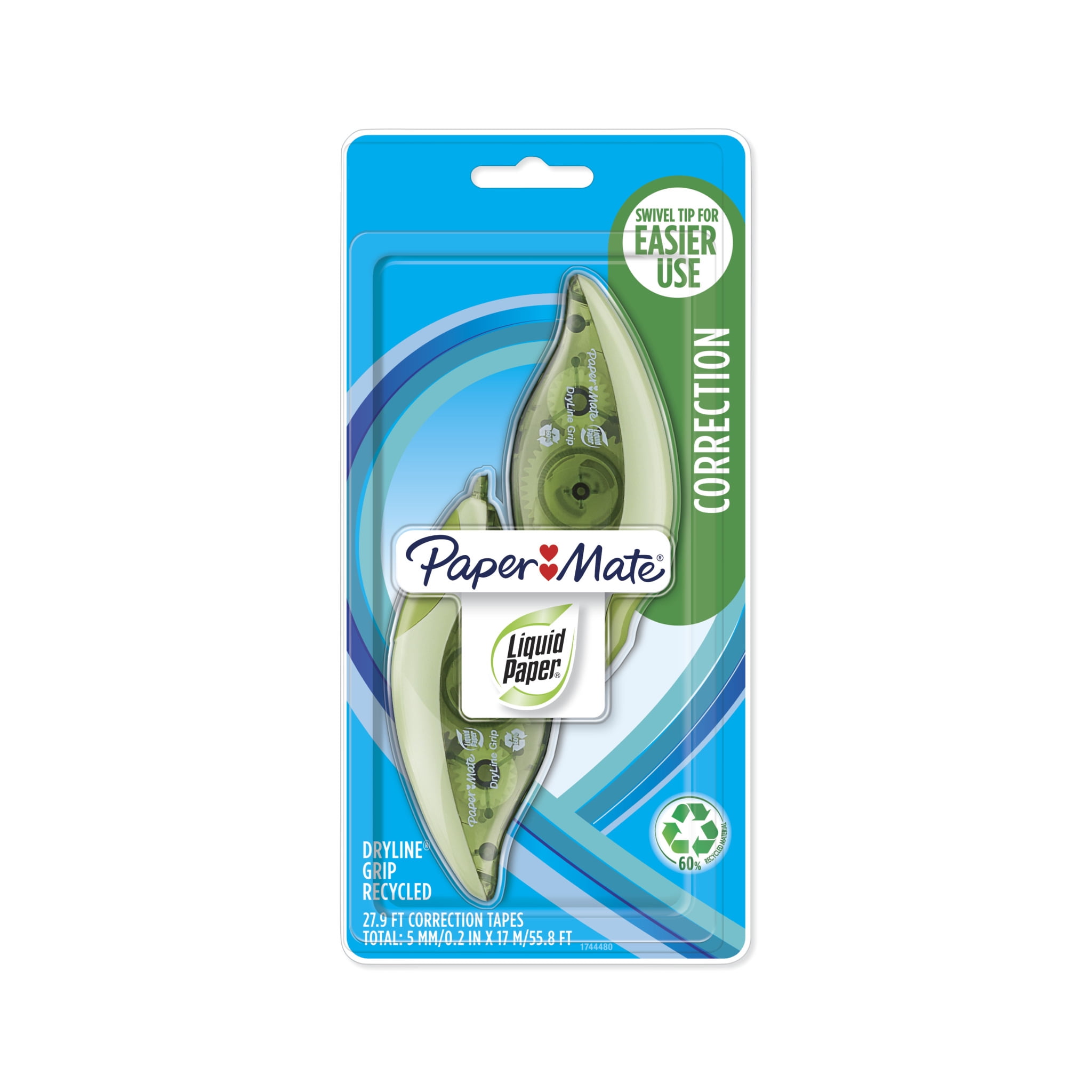 Paper Mate Liquid Paper DryLine Grip White Correction Tape, 2 Count