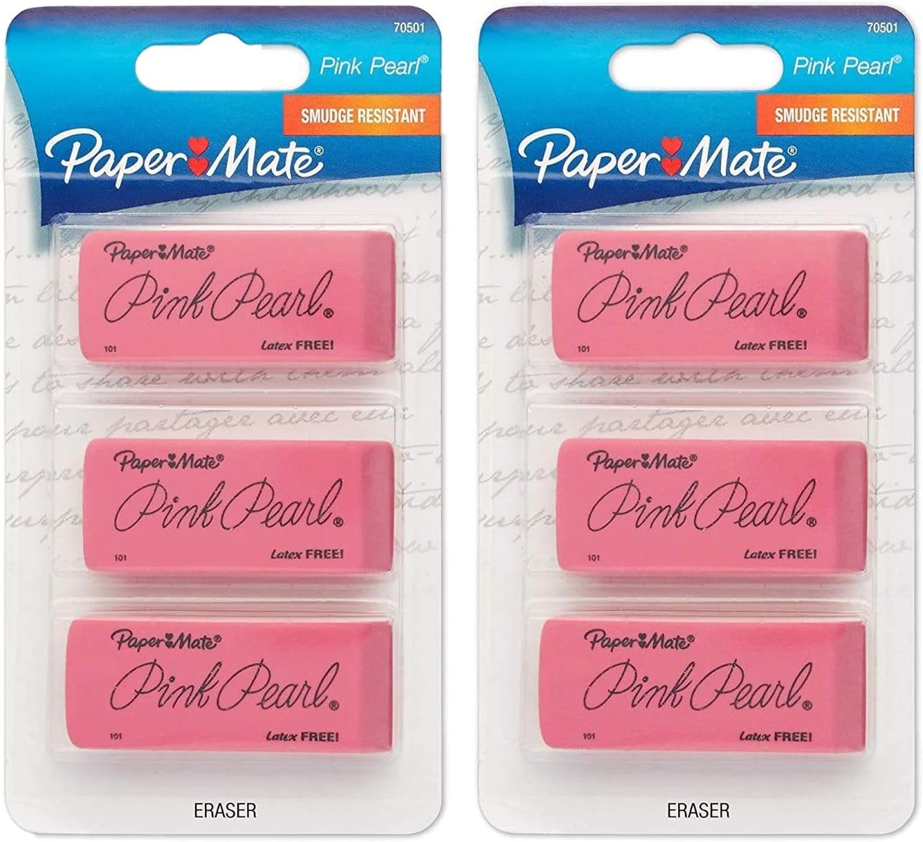 Paper Mate Pink Pearl Erasers, Large, 3 Count (70501) 2 Pack