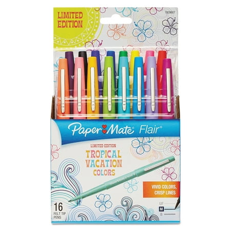 Paper Mate Point Guard Flair Bullet Point Stick Pen, Tropical Inks, .7mm, 16/Set -PAP1928607