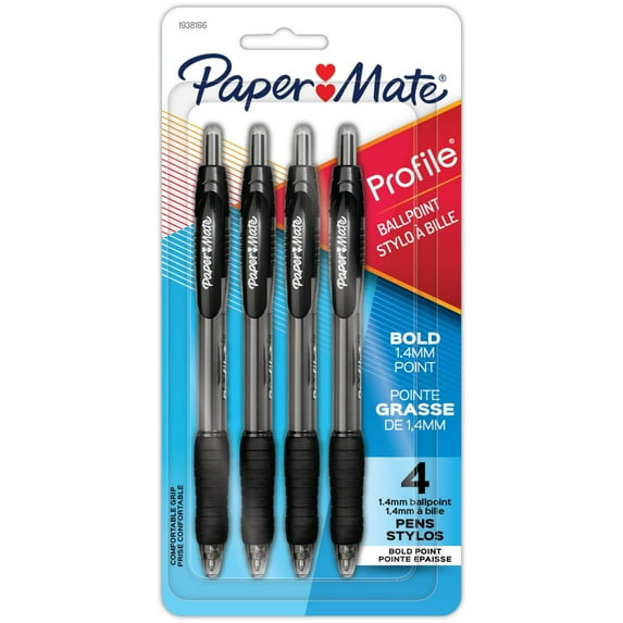 Paper Mate Profile Retractable Ballpoint Pens, 1.4 mm Bold Point, Black, 4 Count