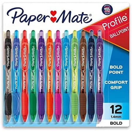 Paper Mate Profile Retractable Ballpoint Pens, Bold Point (1.4mm), Assorted, 12 Count