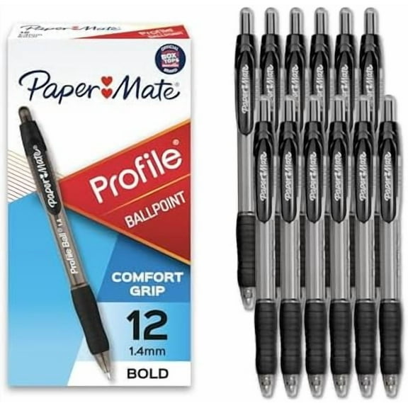 Paper Mate Profile Retractable Ballpoint Pens, Bold Point (1.4mm), Black, 12 Count