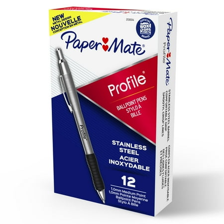 Paper Mate Profile Retractable Ballpoint Pens, Stainless Steel, 1.0 mm Medium Point, Black, 12 Count