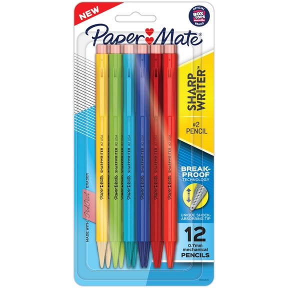 Paper Mate SharpWriter Mechanical Pencils, 0.7 mm HB #2 Lead, Fun Assorted Color Barrels, 12 Count