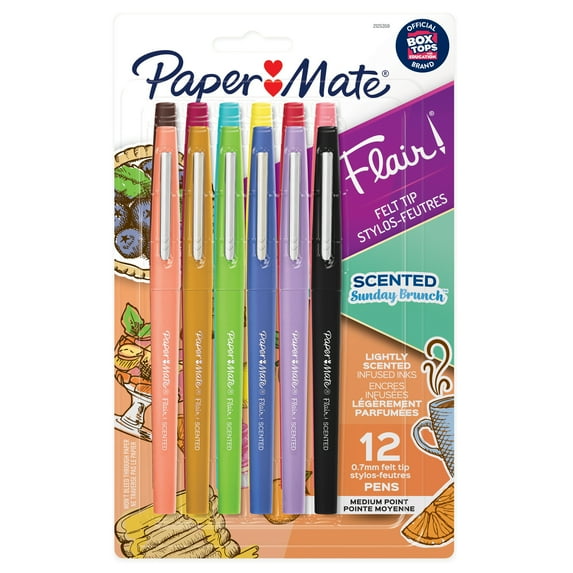 Paper Mate Flair, Scented Felt Tip Pens, Assorted Sunday Brunch Scents & Colors, 0.7mm, 12 Count
